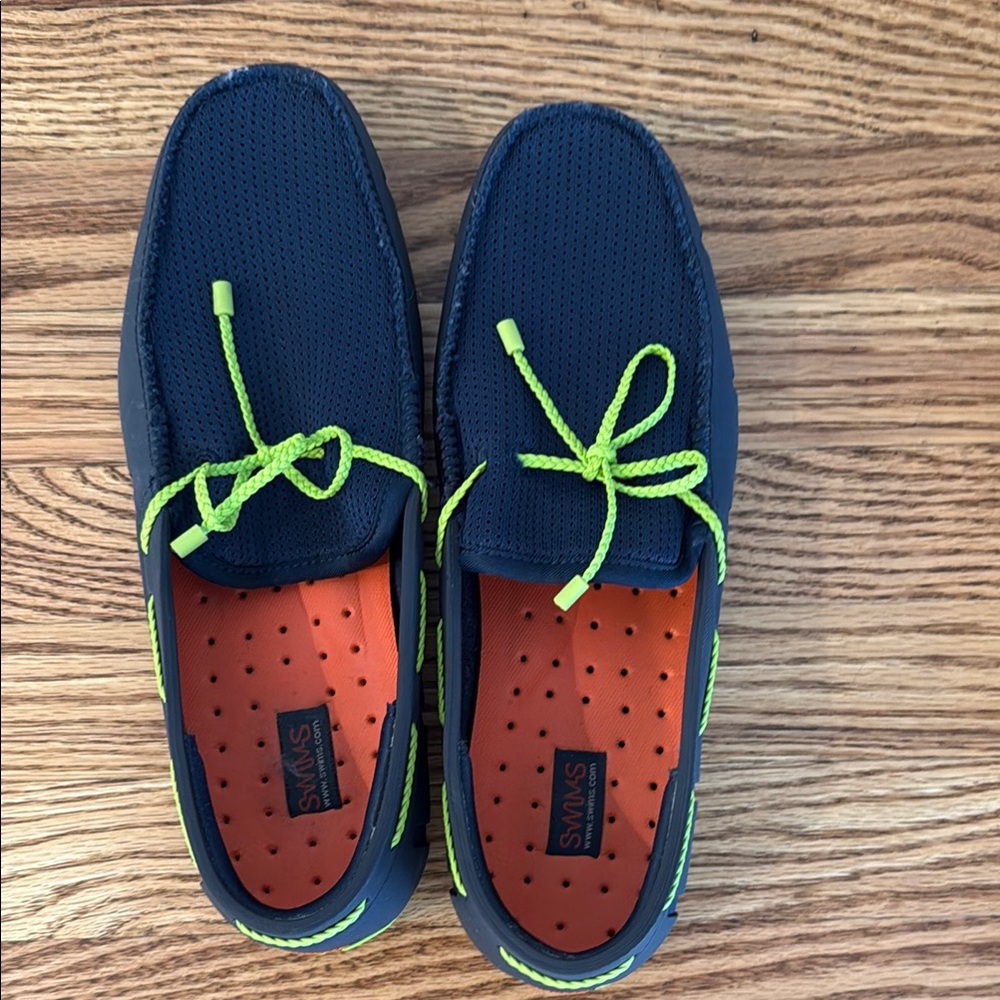 Swims Blue and Orange Boat Shoes with Classic Moccasin Design